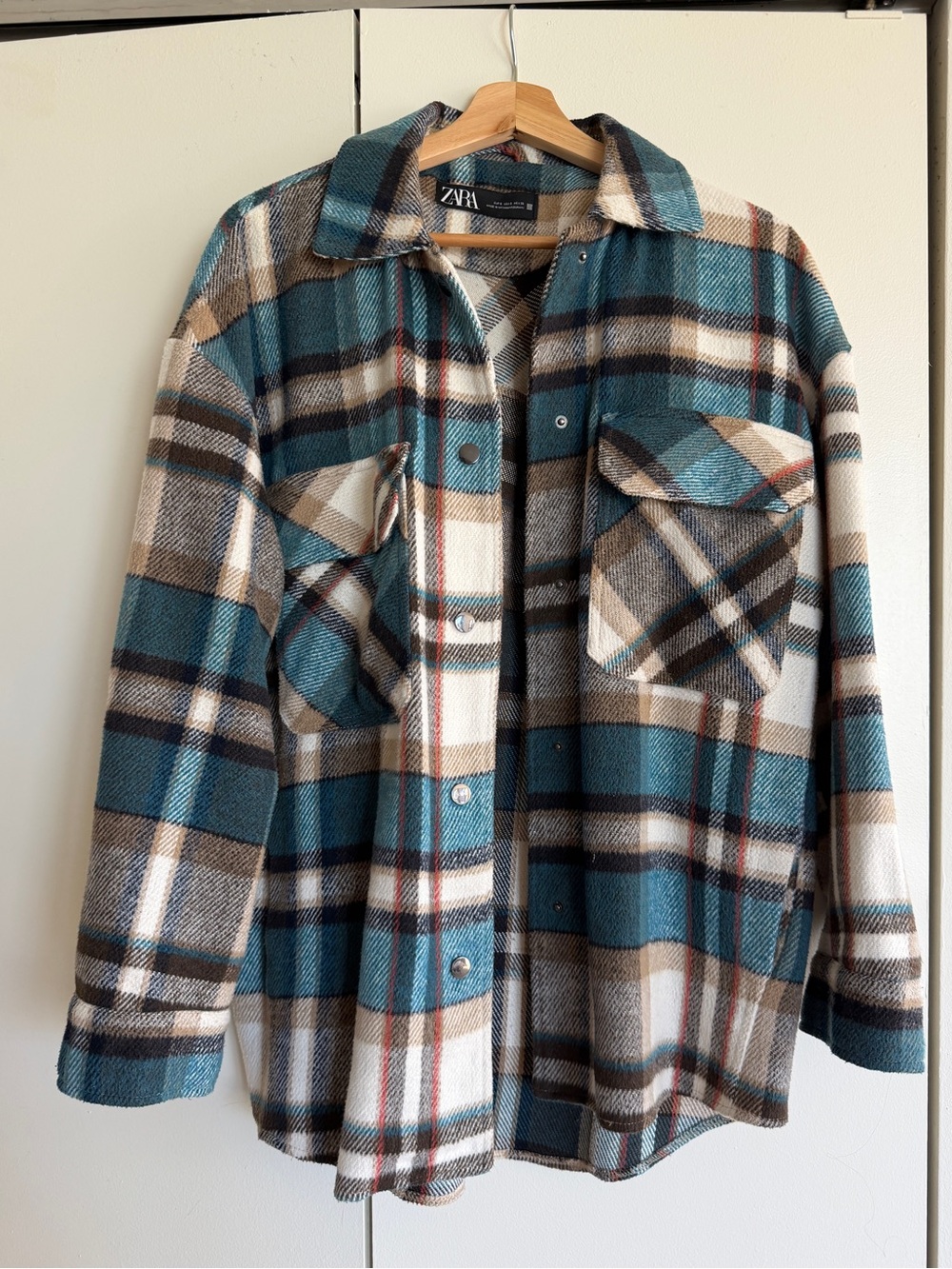 Zara Oversized Plaid Shacket Teal Beige